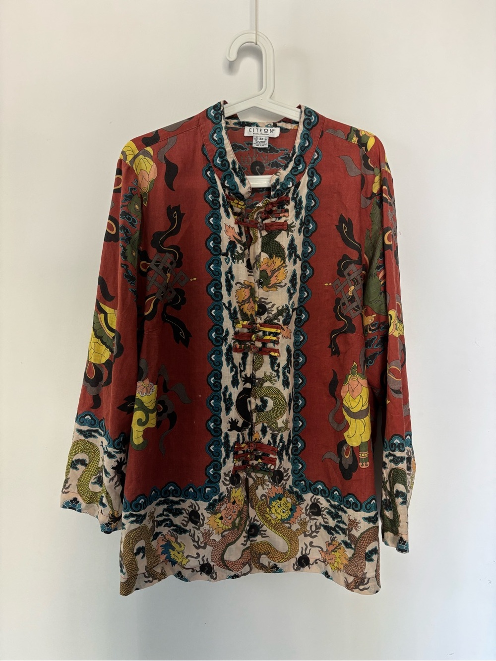 Vntg citron Santa Monica Asian printed linen kimono shirt jacke - Picture 2 of 9